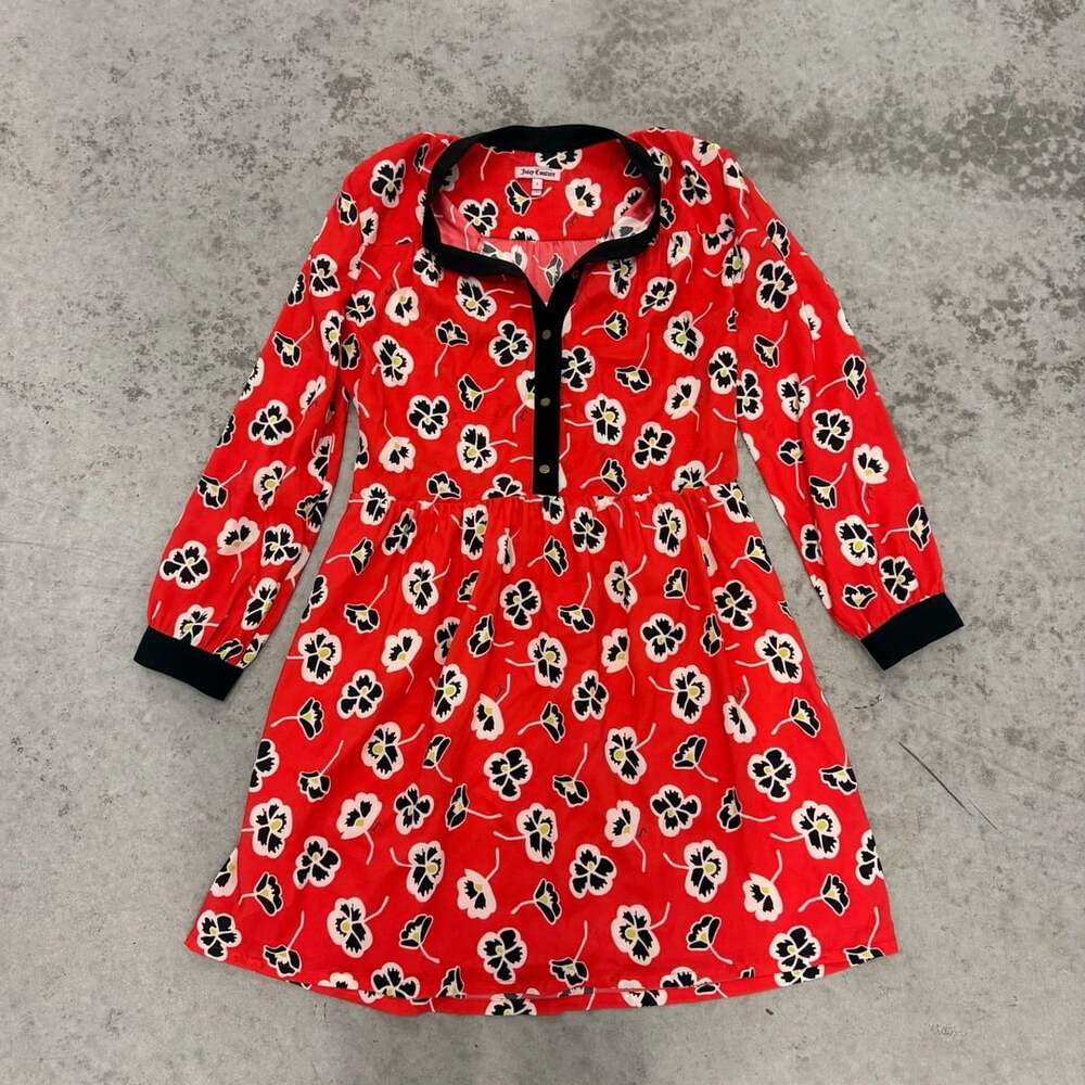 Y2K Juicy Couture Red Floral Print Long Sleeve Babydoll Dress Size 2